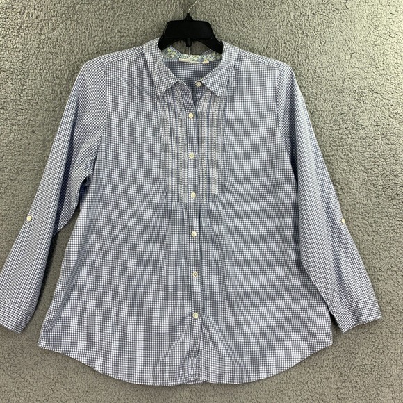 J. Jill Uncommon Threads Button Up Shirt Womens Top L Embroidered Check Roll Tab - Picture 2 of 10